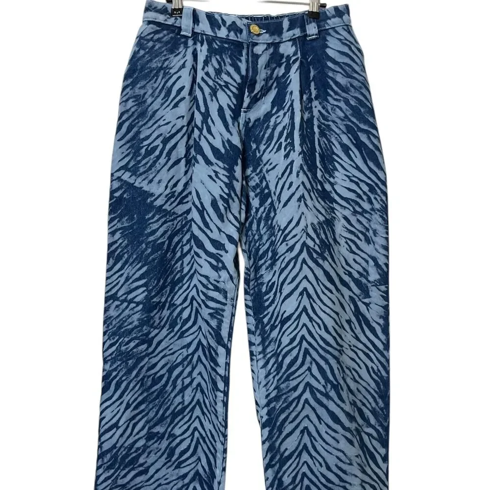 Big Bud Press Mid Rise Trousers‎ Women's XXS Blue Tiger Print Cotton Streetwear
